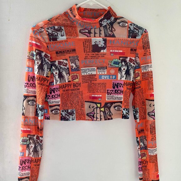 SHEIN SXY - Stand Collar Newspaper Print Crop Top - Picture 3 of 7